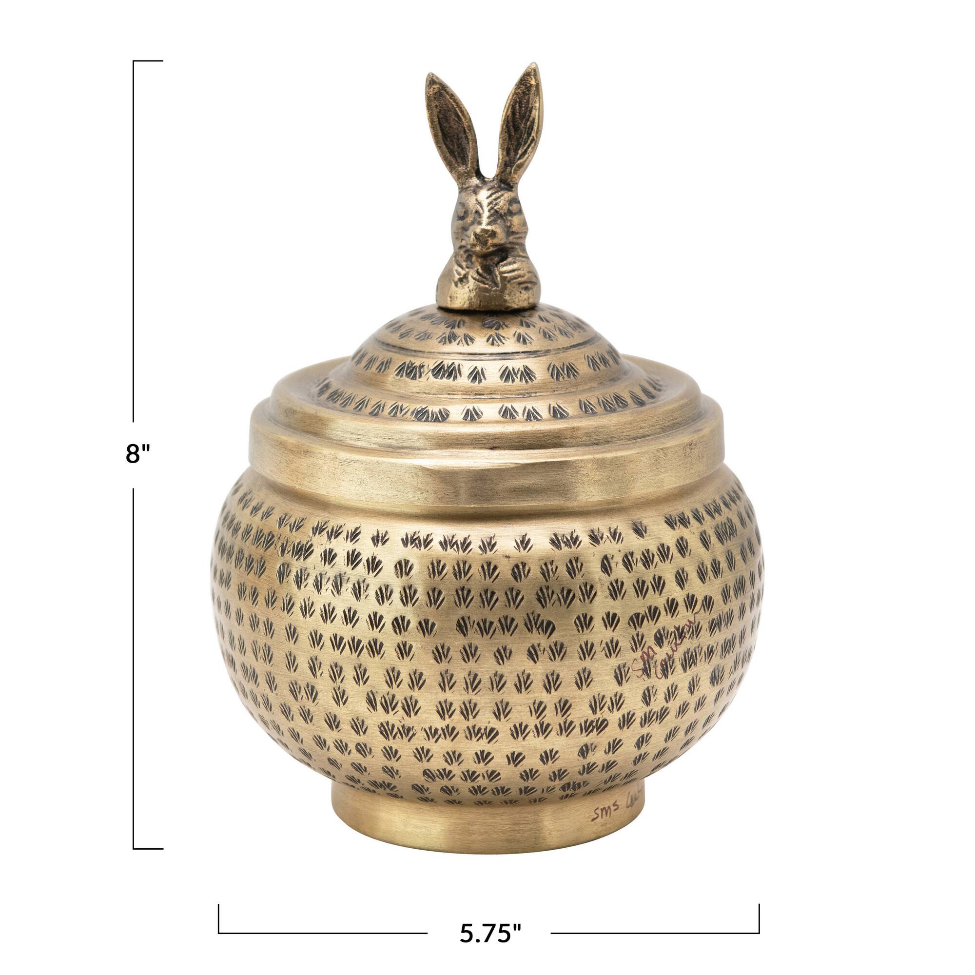 Hello Honey® 8'' Brass Finished Hammered Metal Container with Rabbit Finial